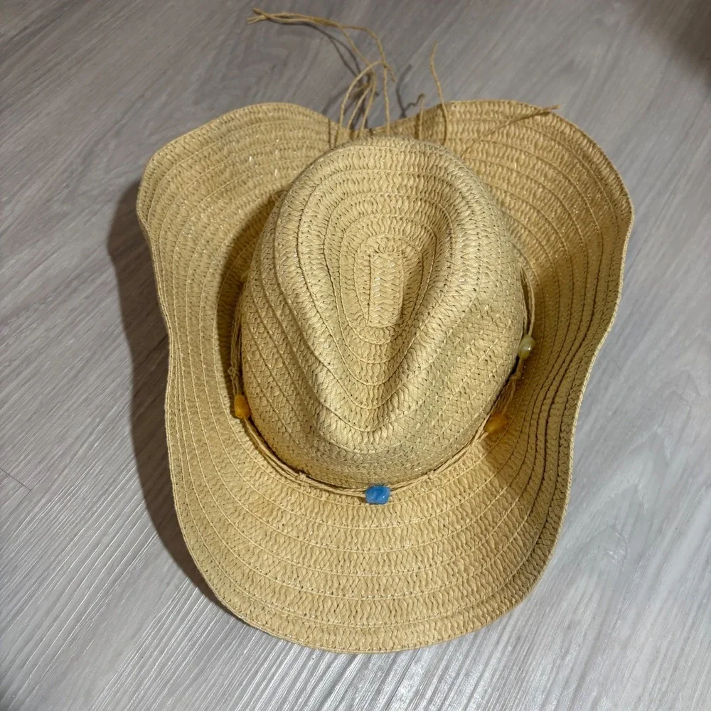White Mountain Hat Womens Tan Straw Cowboy Hat Beaded Western Sun Hat OS